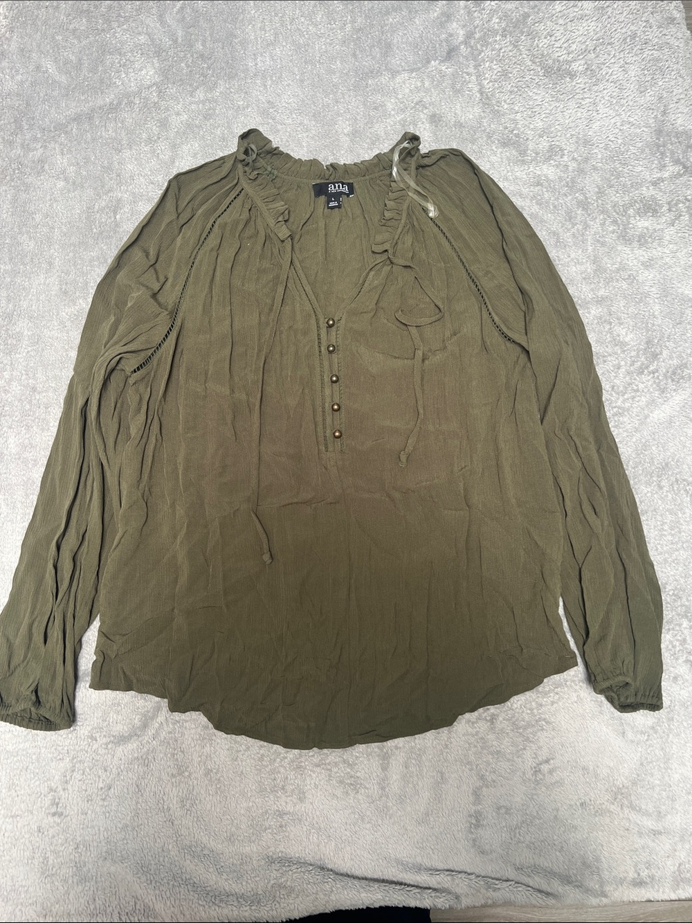 a.n.a Olive Green Peasant Blouse with Button Placket and Tie Neck